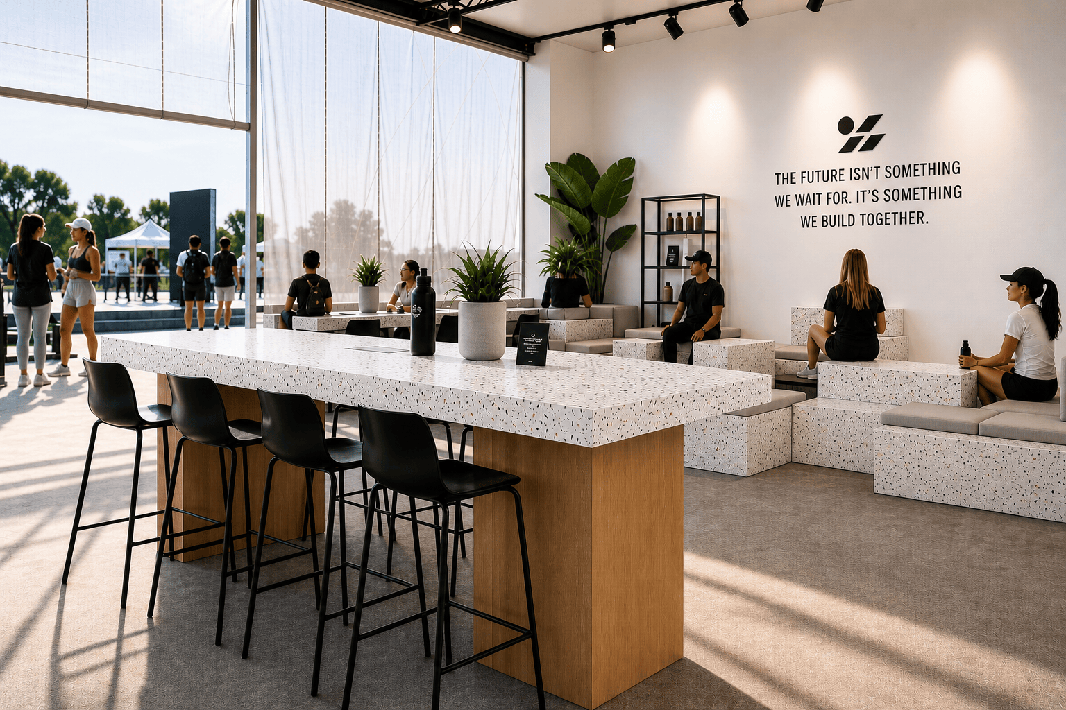 Marble Plastics Replay terrazzo lounge installation — bench and counter pressed from Nike Grind feedstock.