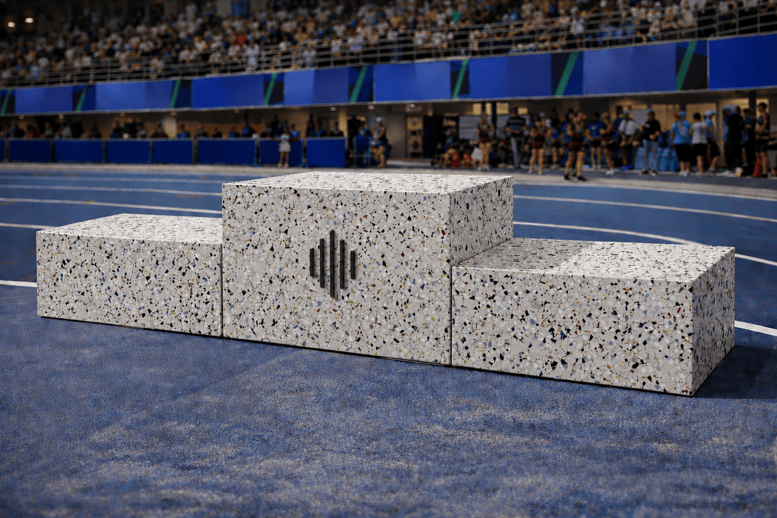 Replay Pulse terrazzo podium at a stadium event.