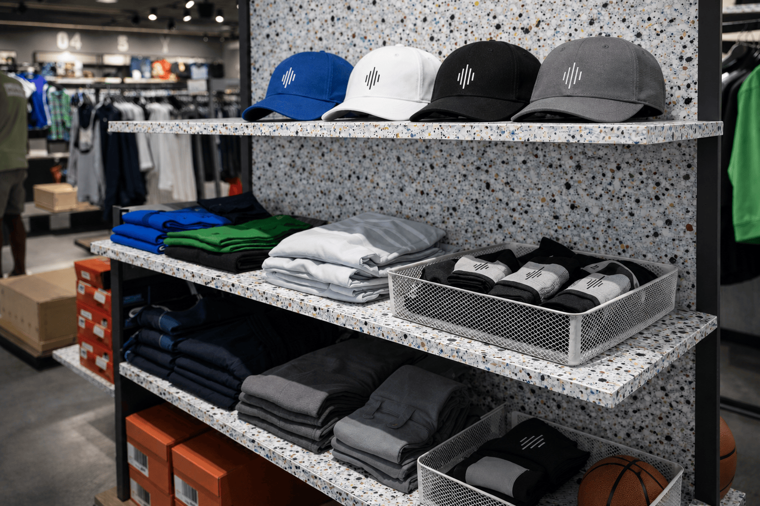 Replay terrazzo retail shelving with apparel and accessories.