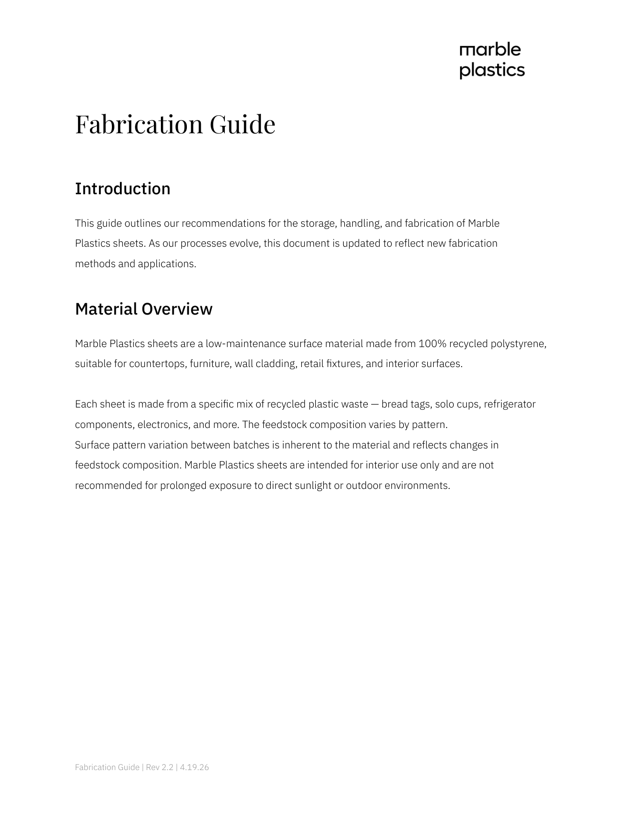 Cover of the Marble Plastics Fabrication Guide.