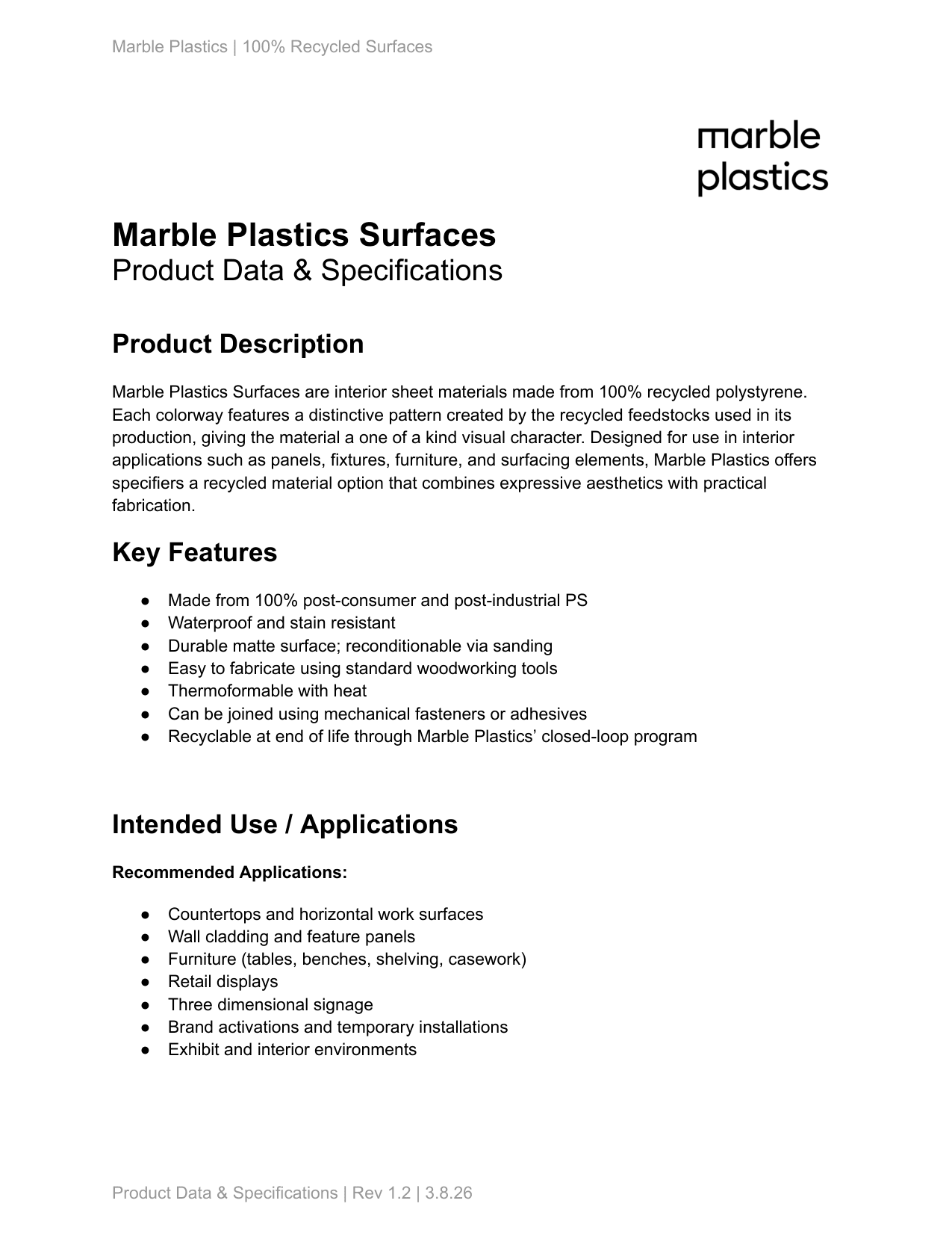 Cover of the Marble Plastics Product Data & Specifications document.